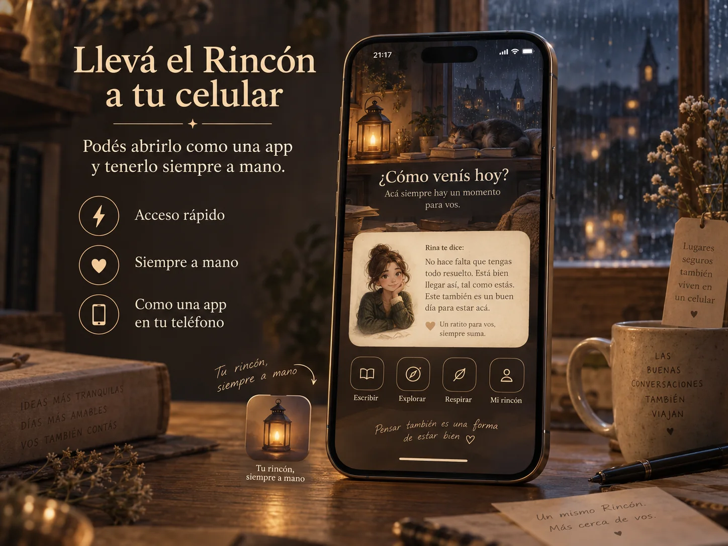 Rincón entre Pensamientos mostrado en un celular como una experiencia tipo app
