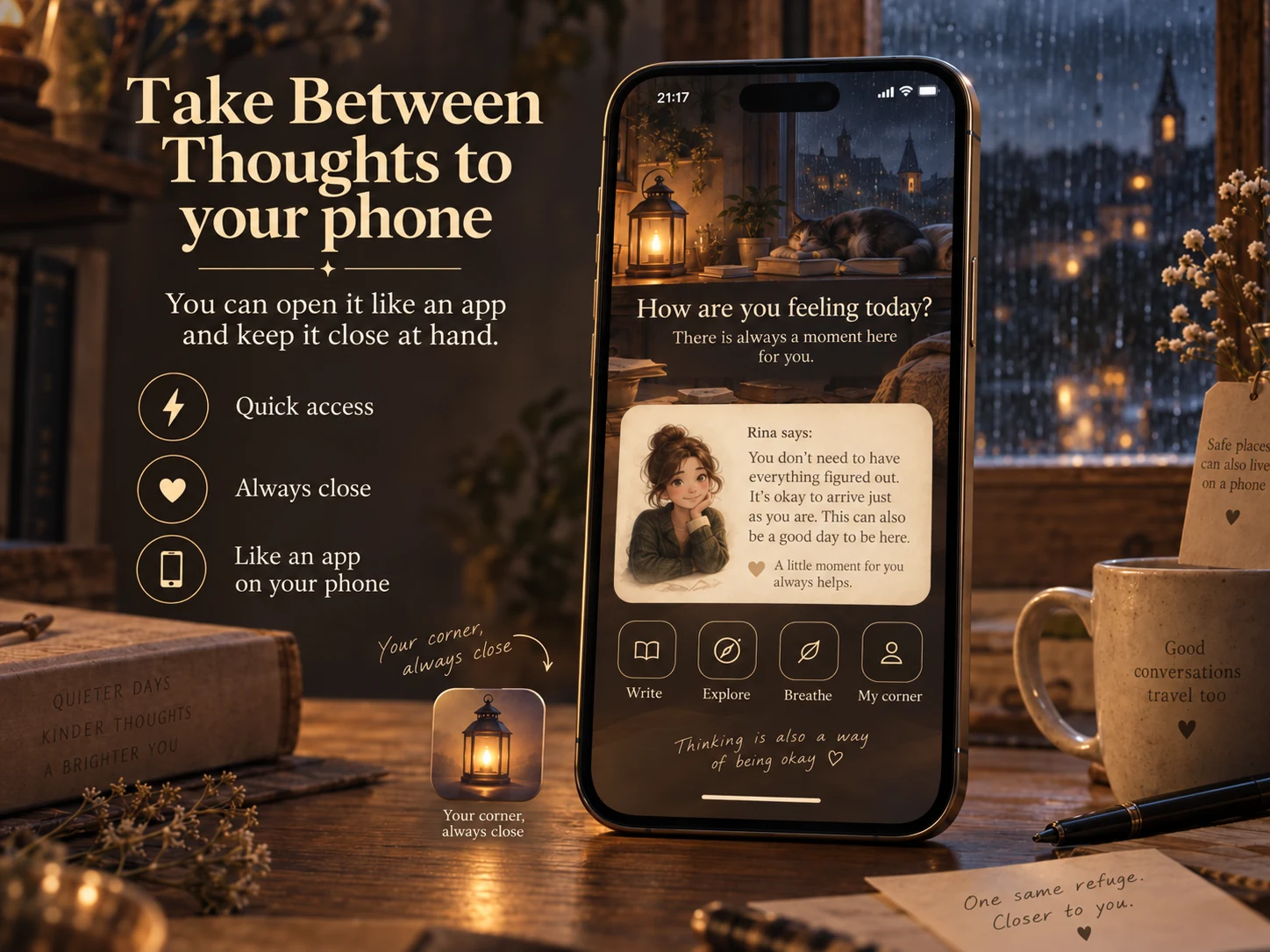 Between Thoughts shown on a phone as an app-like home-screen experience